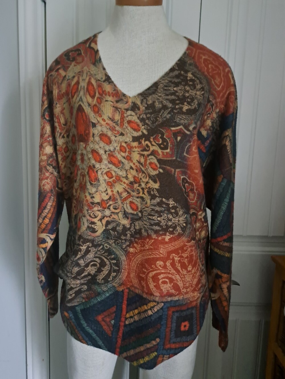 Soft abstract V NECK long sleeve sweater lightweight shabby chic coastal XXL